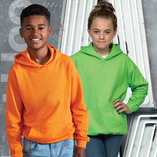 Awdis Children's hoodie shown in Orange and green on two children. JH01J